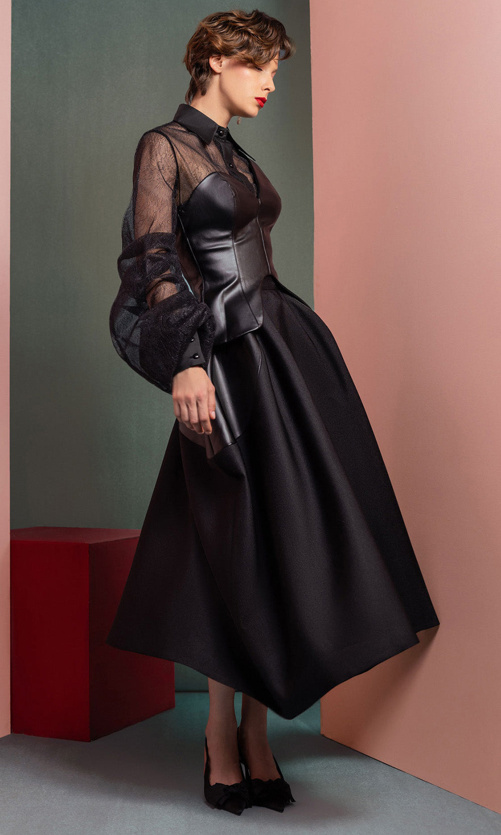 MNM COUTURE GOF2520 - High Neck Leather Top A-line Dress Prom Dresses in Black