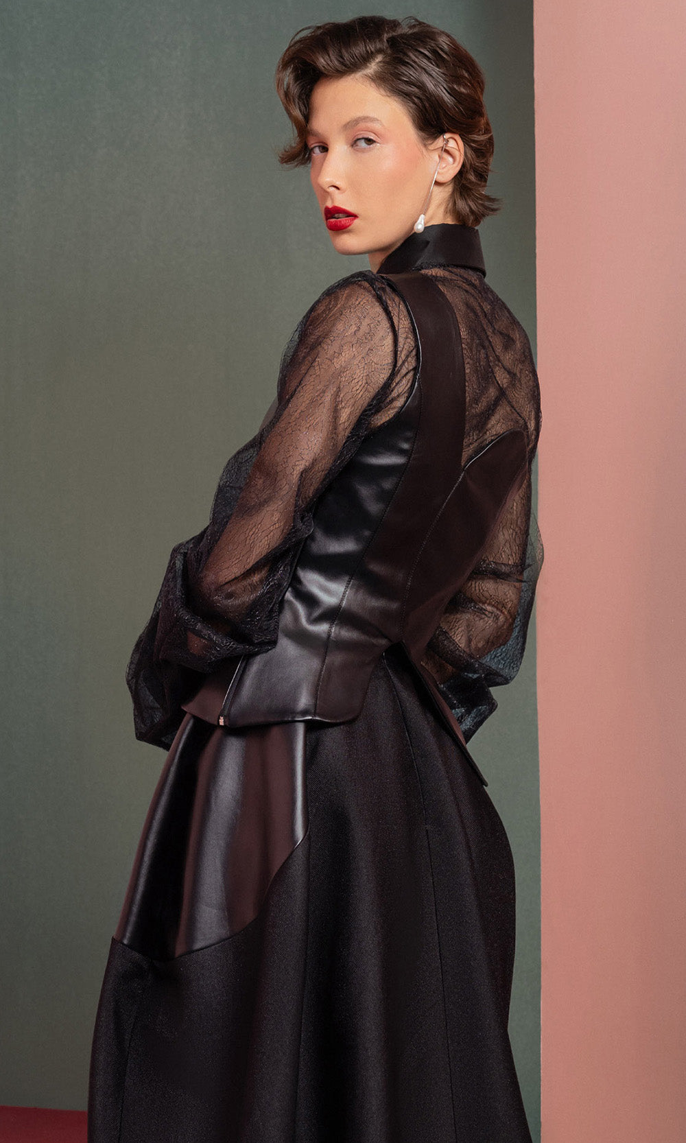 MNM COUTURE GOF2520 - High Neck Leather Top A-line Dress Prom Dresses in Black