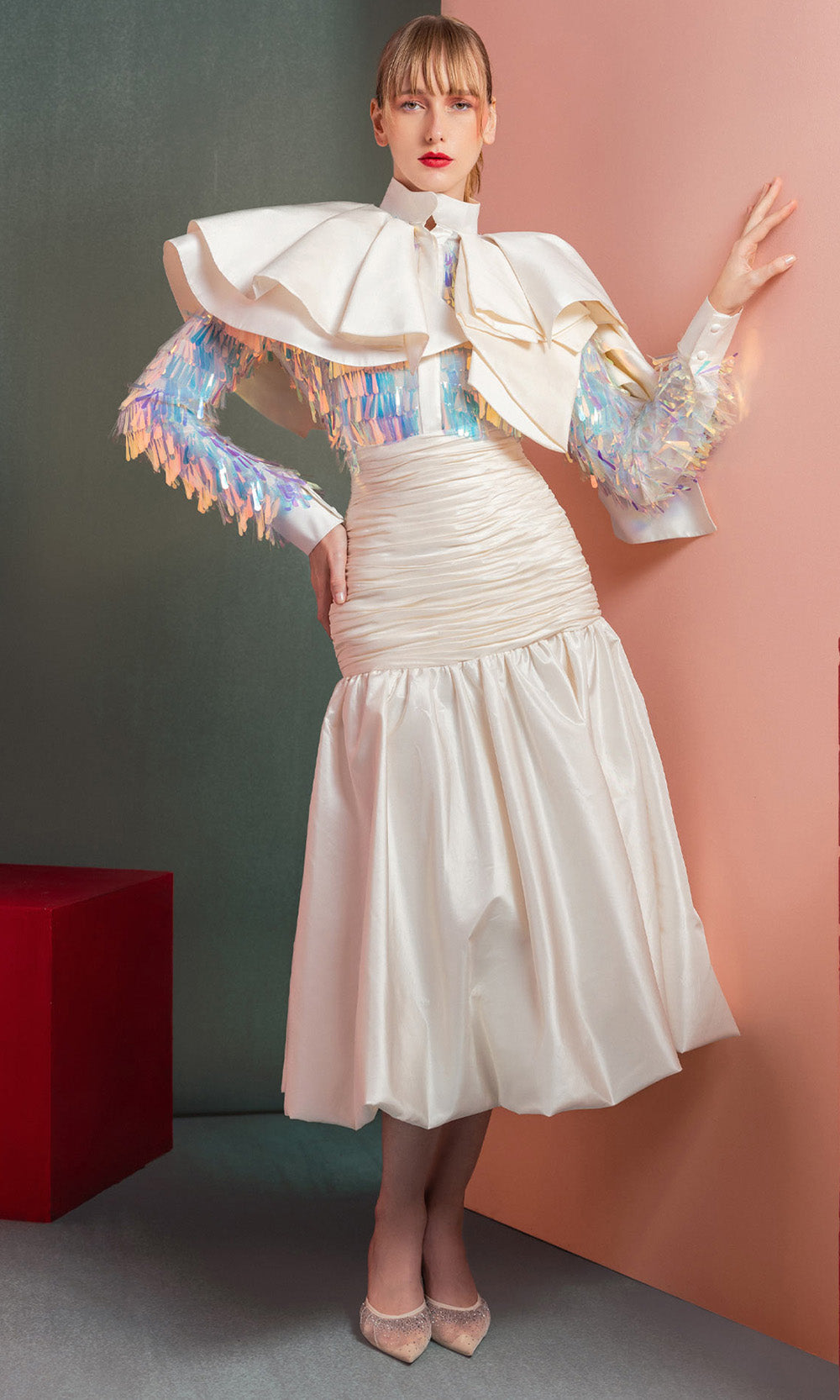MNM COUTURE GOF2521 - Sequin Ornate Tea Length A-line Dress Party Dresses in Off White