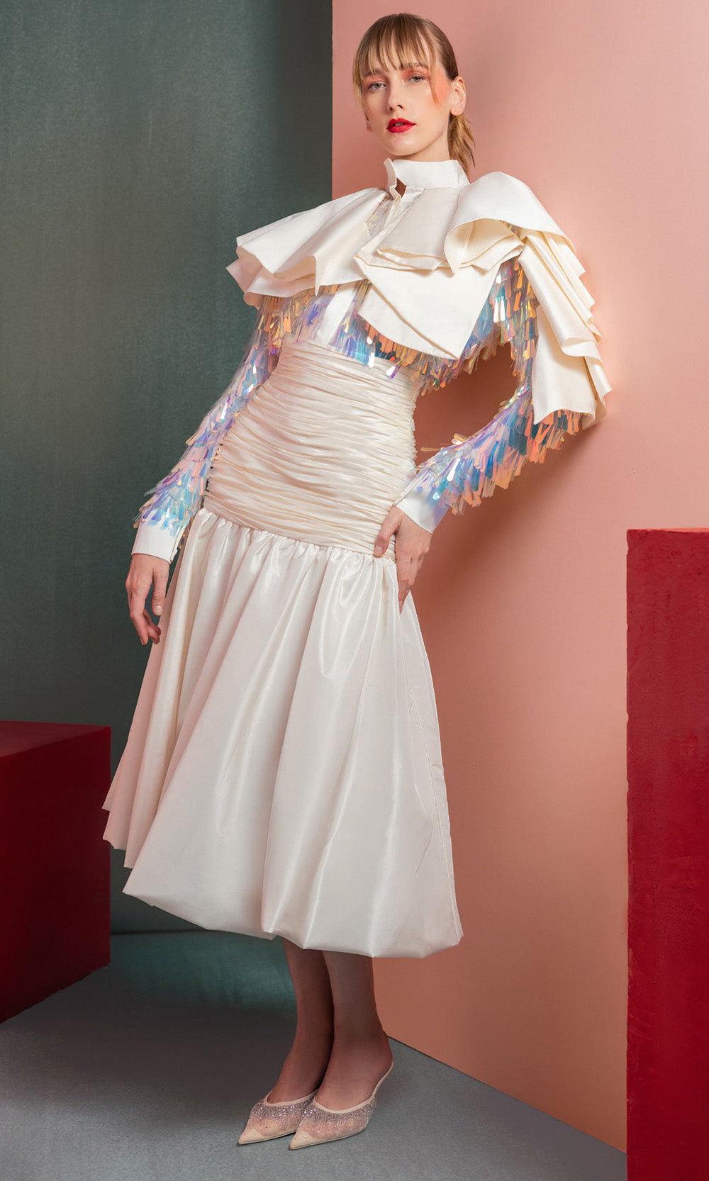 MNM COUTURE GOF2521 - Sequin Ornate Tea Length A-line Dress Party Dresses in Off White