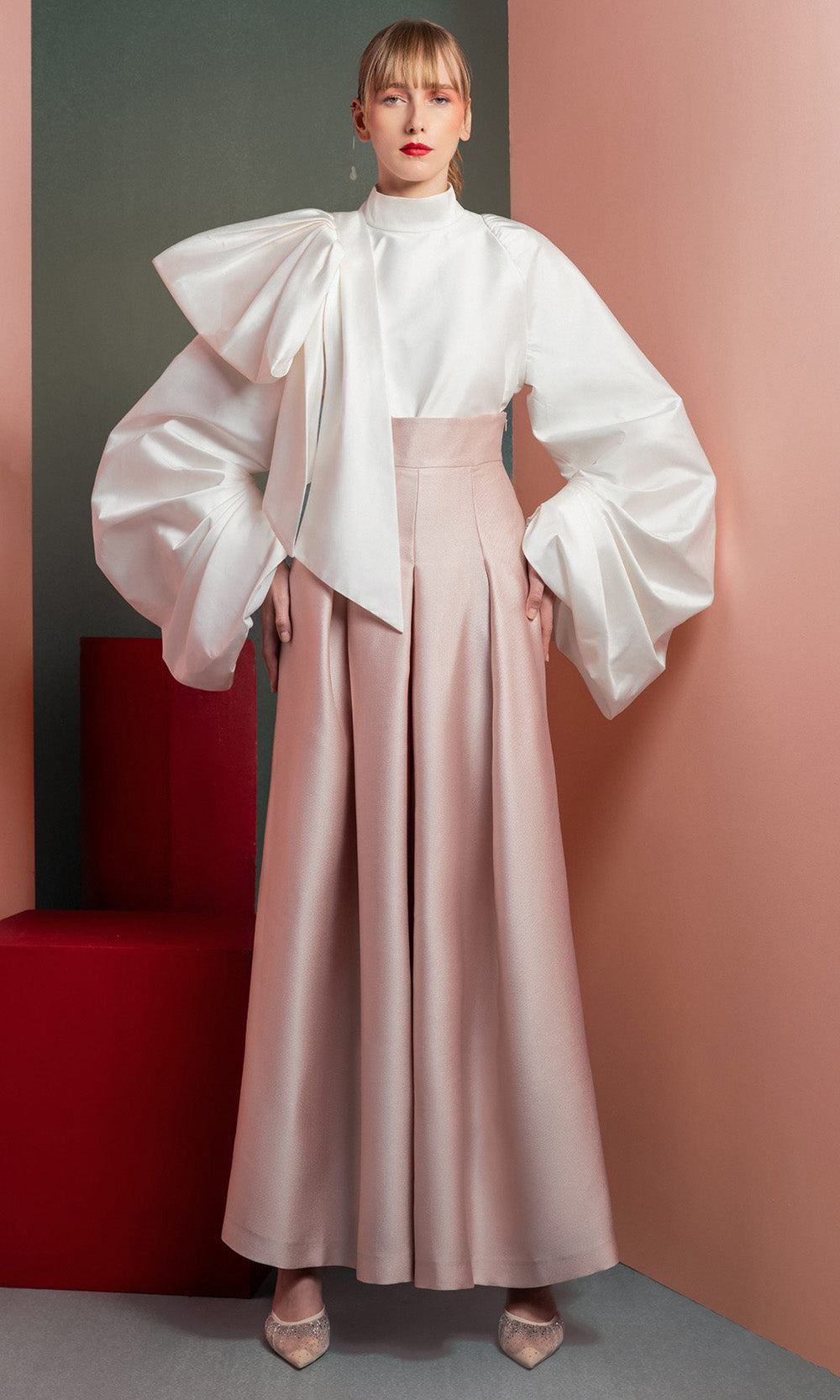 MNM COUTURE GOF2523 - Exaggerated Sleeve Wide Leg Pantsuit Formal Gowns in Pink White