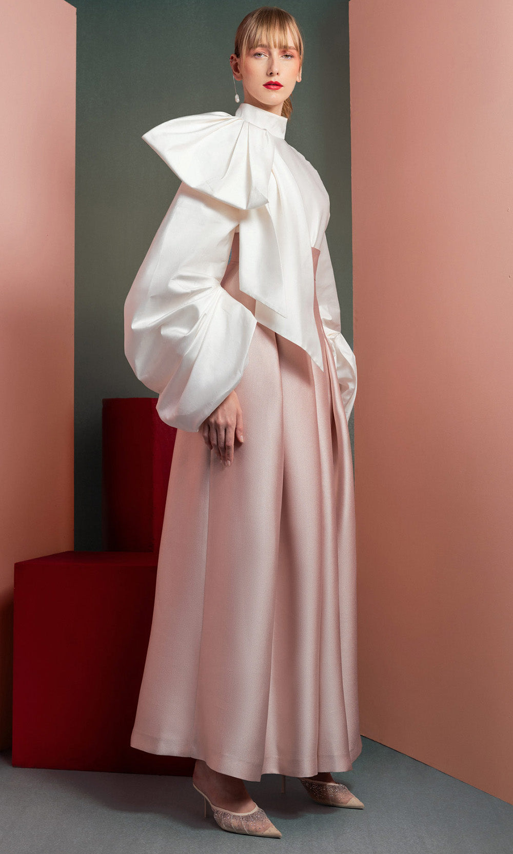 MNM COUTURE GOF2523 - Exaggerated Sleeve Wide Leg Pantsuit Formal Gowns in Pink White
