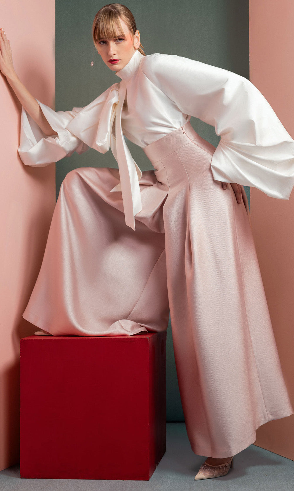 MNM COUTURE GOF2523 - Exaggerated Sleeve Wide Leg Pantsuit Formal Gowns in Pink White