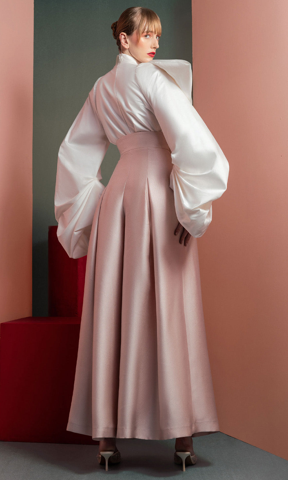 MNM COUTURE GOF2523 - Exaggerated Sleeve Wide Leg Pantsuit Formal Gowns in Pink White