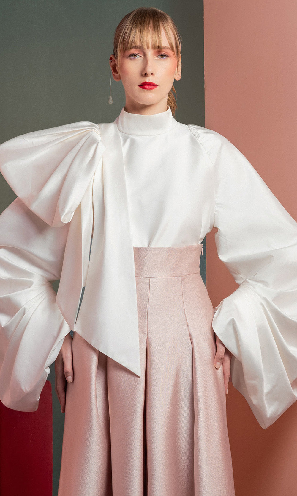 MNM COUTURE GOF2523 - Exaggerated Sleeve Wide Leg Pantsuit Formal Gowns in Pink White