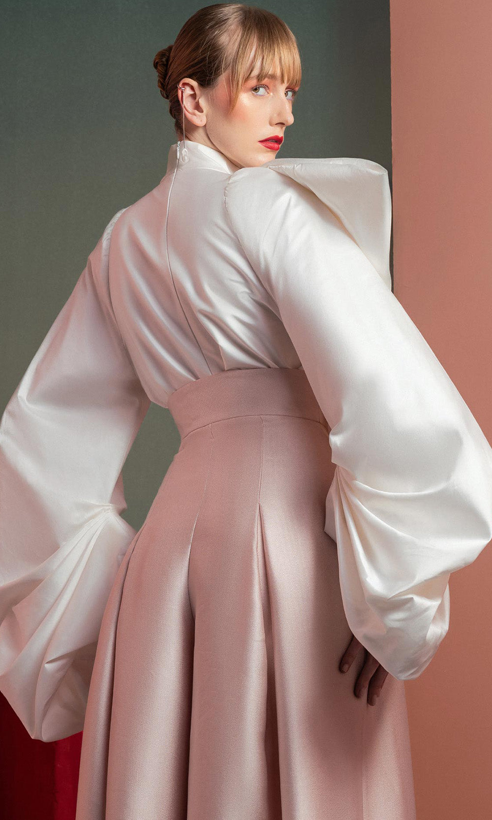 MNM COUTURE GOF2523 - Exaggerated Sleeve Wide Leg Pantsuit Formal Gowns in Pink White