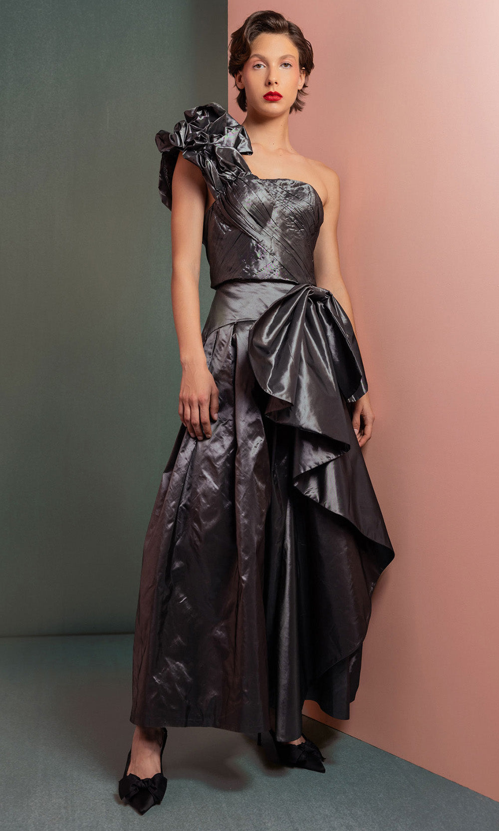MNM COUTURE GOF2524 - One Shoulder Metallic Taffeta Midi Dress Prom Dresses in Antrasit
