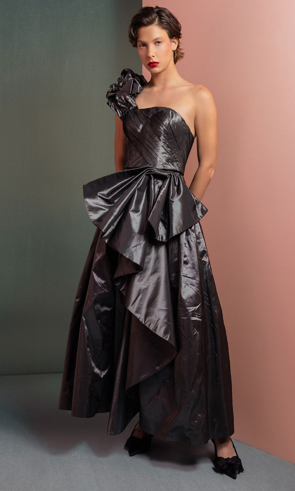 MNM COUTURE GOF2524 - One Shoulder Metallic Taffeta Midi Dress Prom Dresses in Antrasit