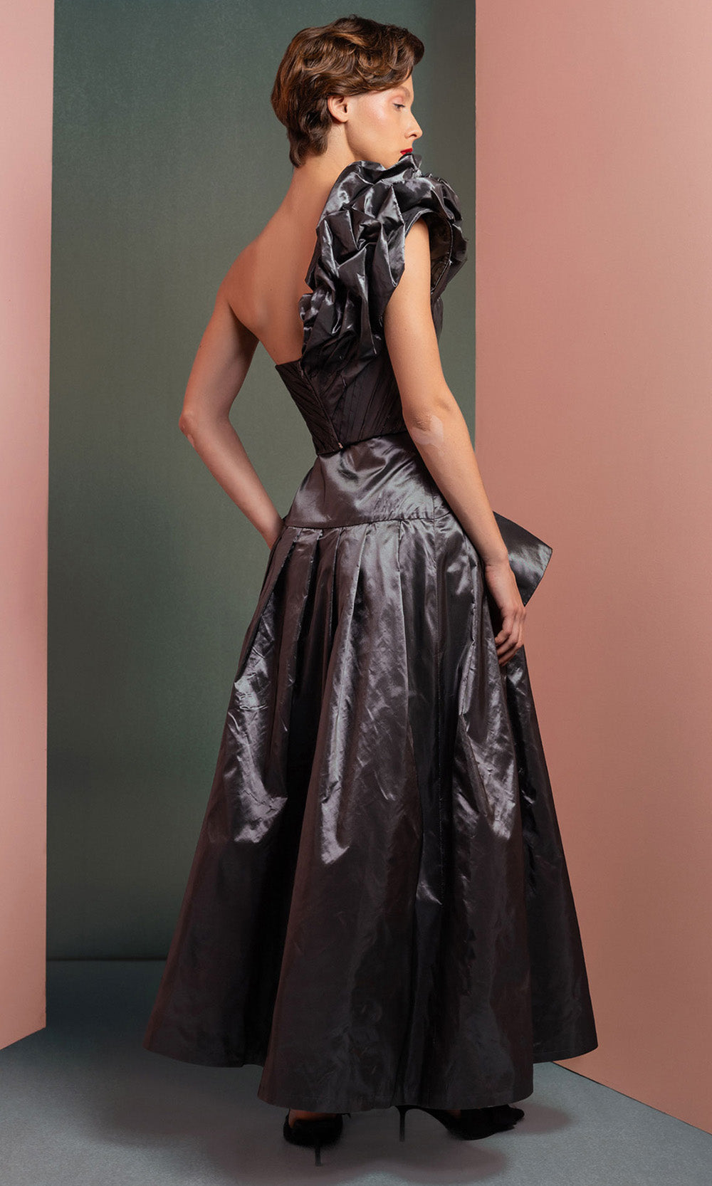 MNM COUTURE GOF2524 - One Shoulder Metallic Taffeta Midi Dress Prom Dresses in Antrasit