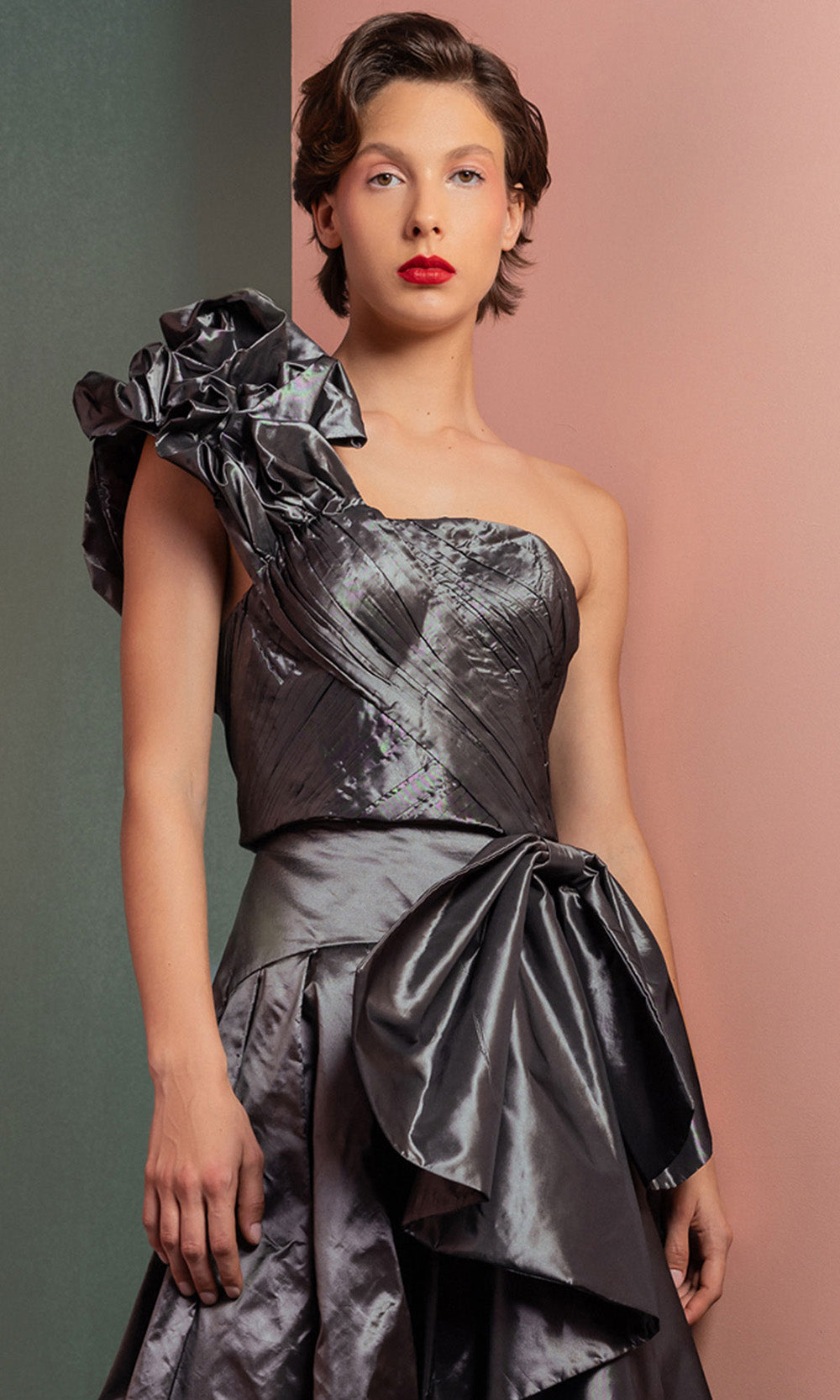 MNM COUTURE GOF2524 - One Shoulder Metallic Taffeta Midi Dress Prom Dresses in Antrasit