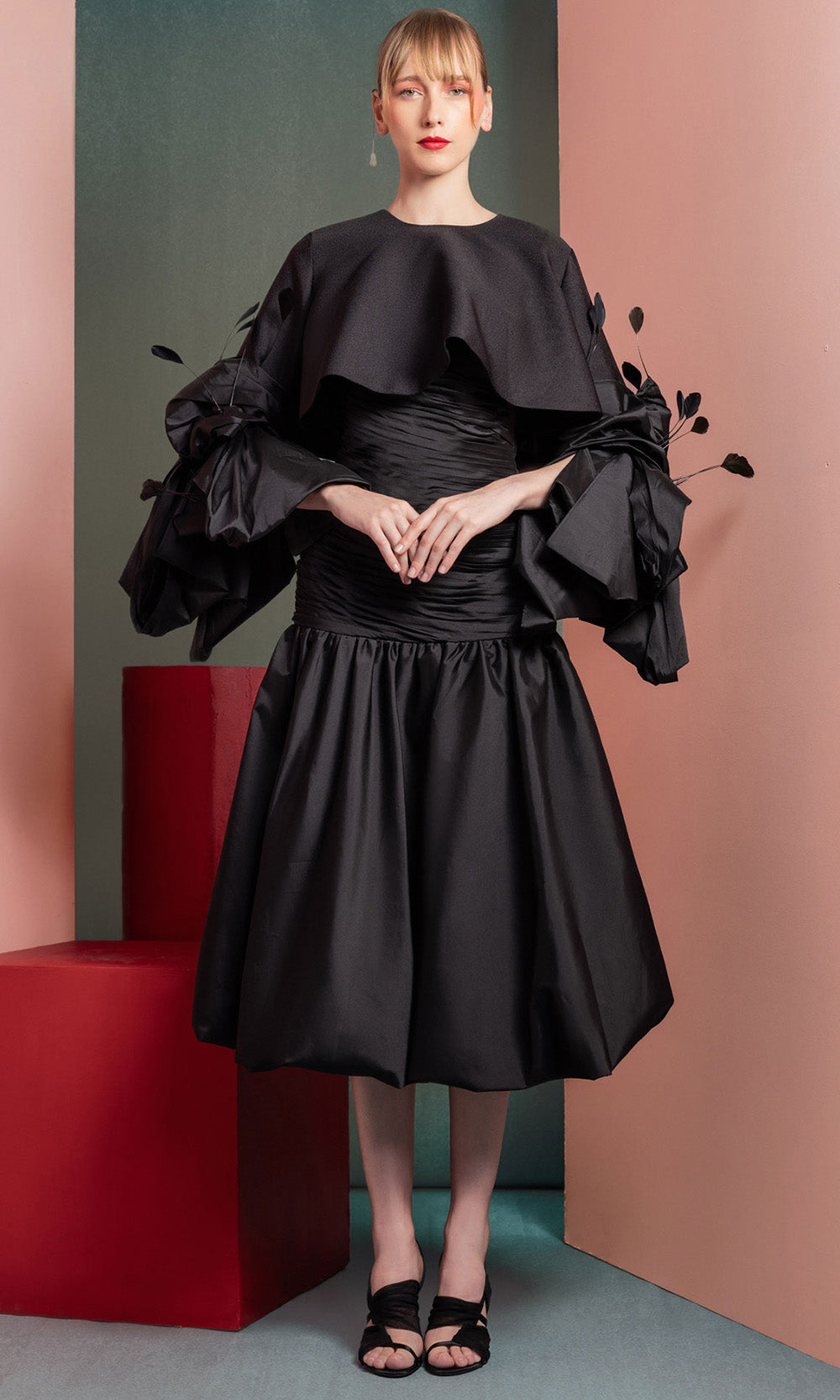 MNM COUTURE GOF2525 - Feather Detail Statement Sleeve A-line Dress Homecoming Dresses in Black