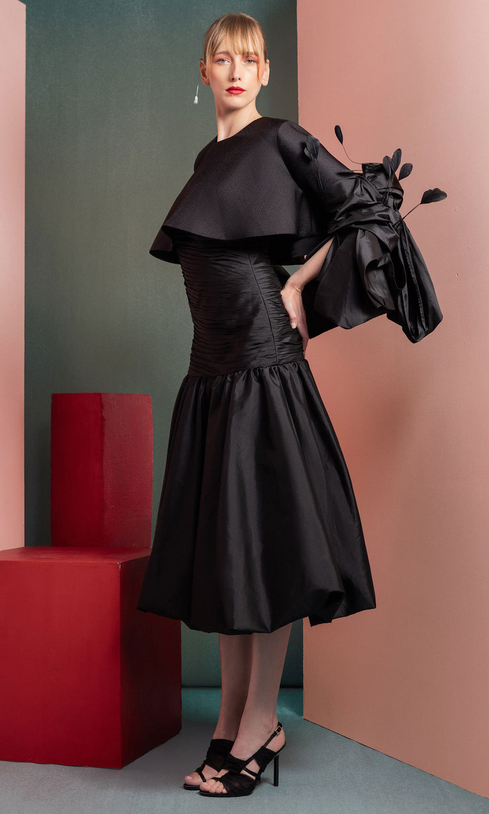 MNM COUTURE GOF2525 - Feather Detail Statement Sleeve A-line Dress Homecoming Dresses in Black