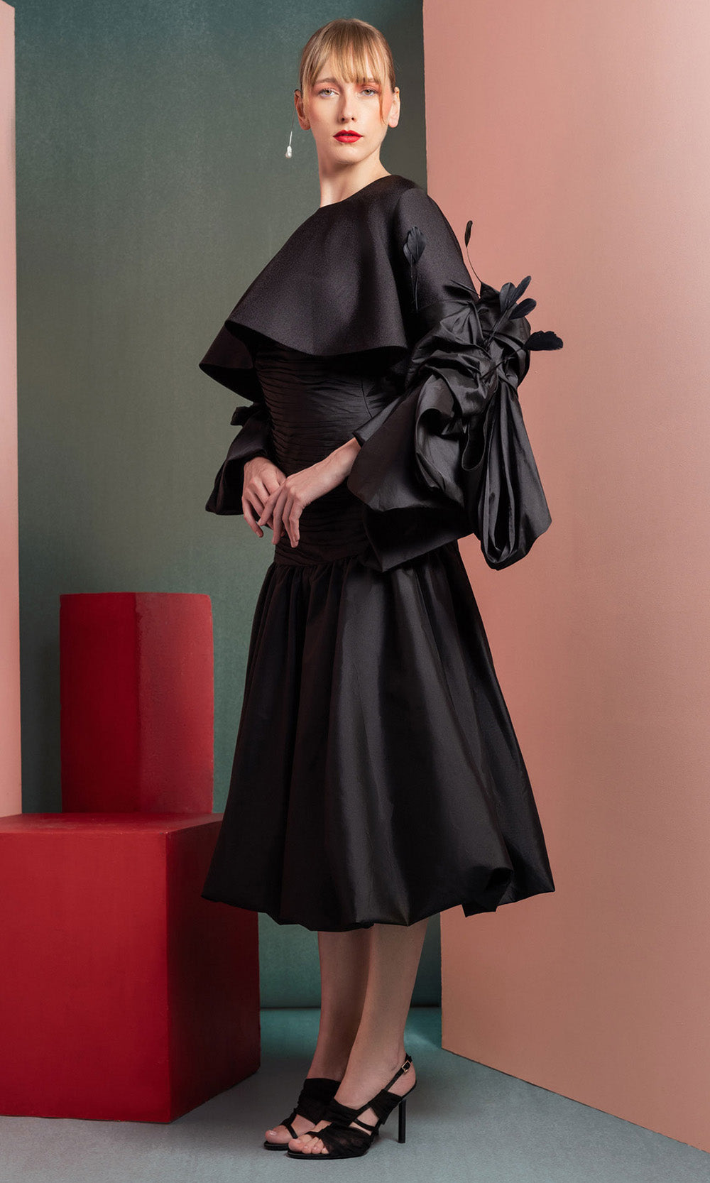 MNM COUTURE GOF2525 - Feather Detail Statement Sleeve A-line Dress Homecoming Dresses in Black
