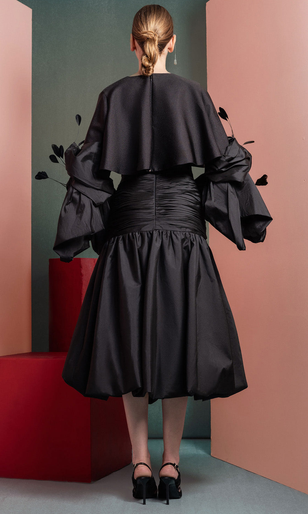MNM COUTURE GOF2525 - Feather Detail Statement Sleeve A-line Dress Homecoming Dresses in Black