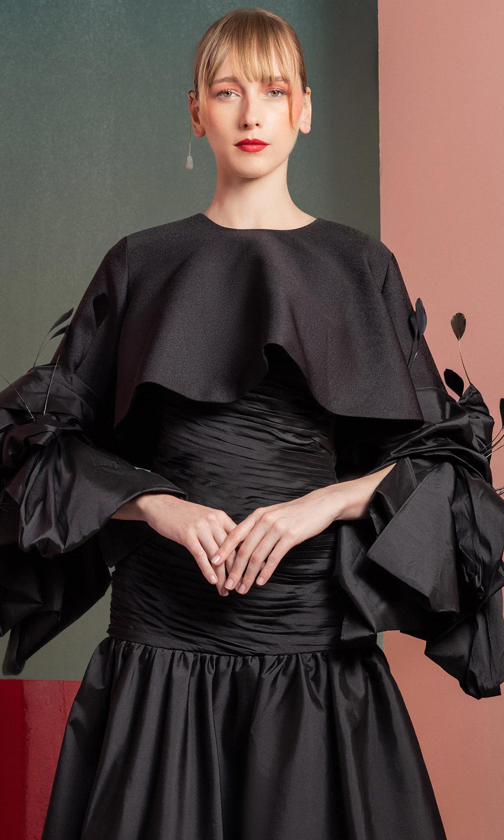 MNM COUTURE GOF2525 - Feather Detail Statement Sleeve A-line Dress Homecoming Dresses in Black