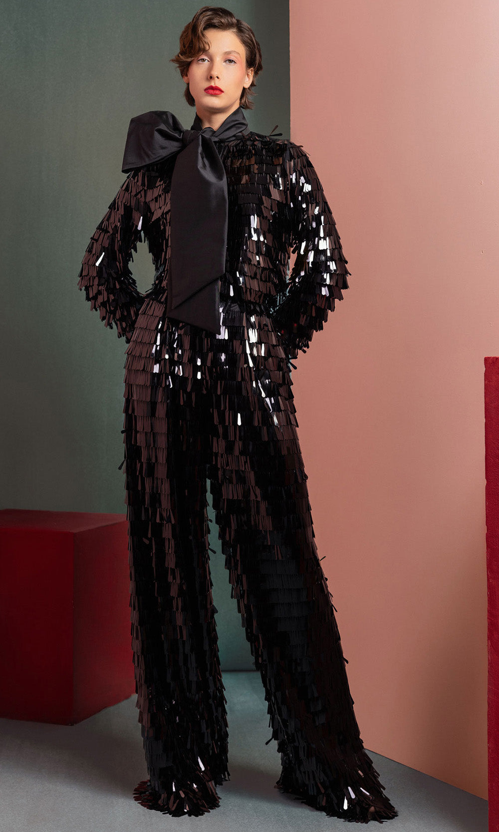 MNM COUTURE GOF2526 - Wide-Leg Sequin Pantsuit with Bow Prom Dresses Black