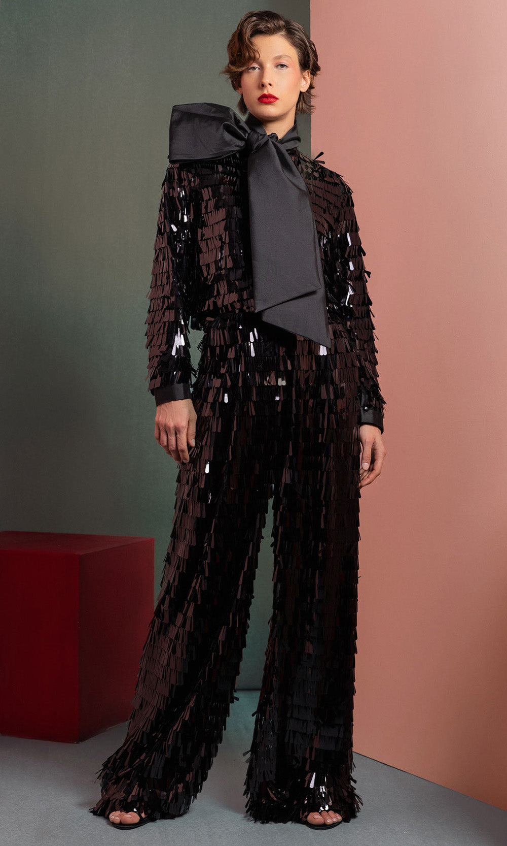 MNM COUTURE GOF2526 - Wide-Leg Sequin Pantsuit with Bow Prom Dresses Black
