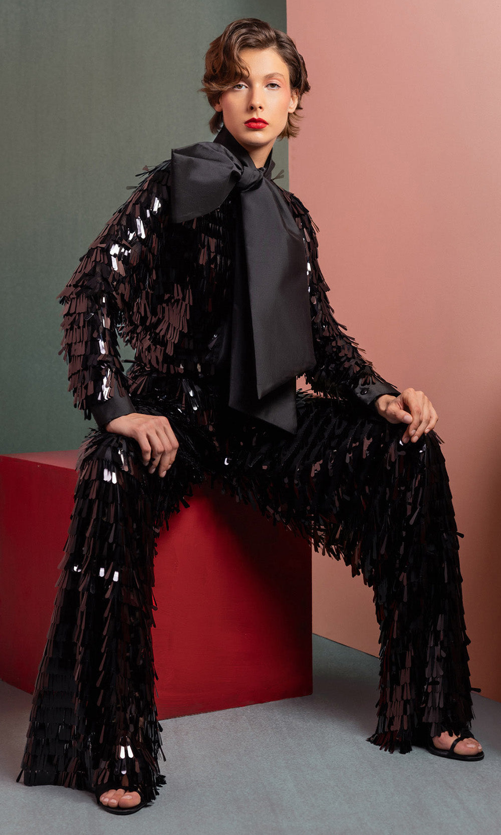 MNM COUTURE GOF2526 - Wide-Leg Sequin Pantsuit with Bow Prom Dresses Black