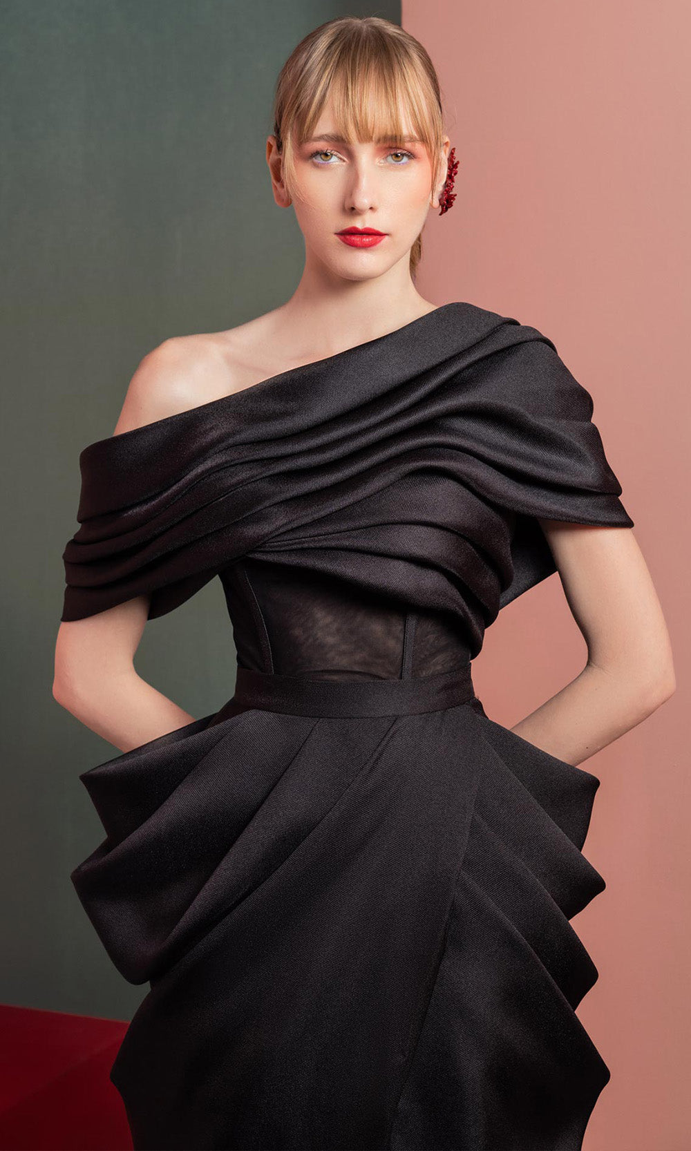 MNM COUTURE GOF2528 - Draped Bodice Illusion Corset Midi Dress Homecoming Dresses In Black