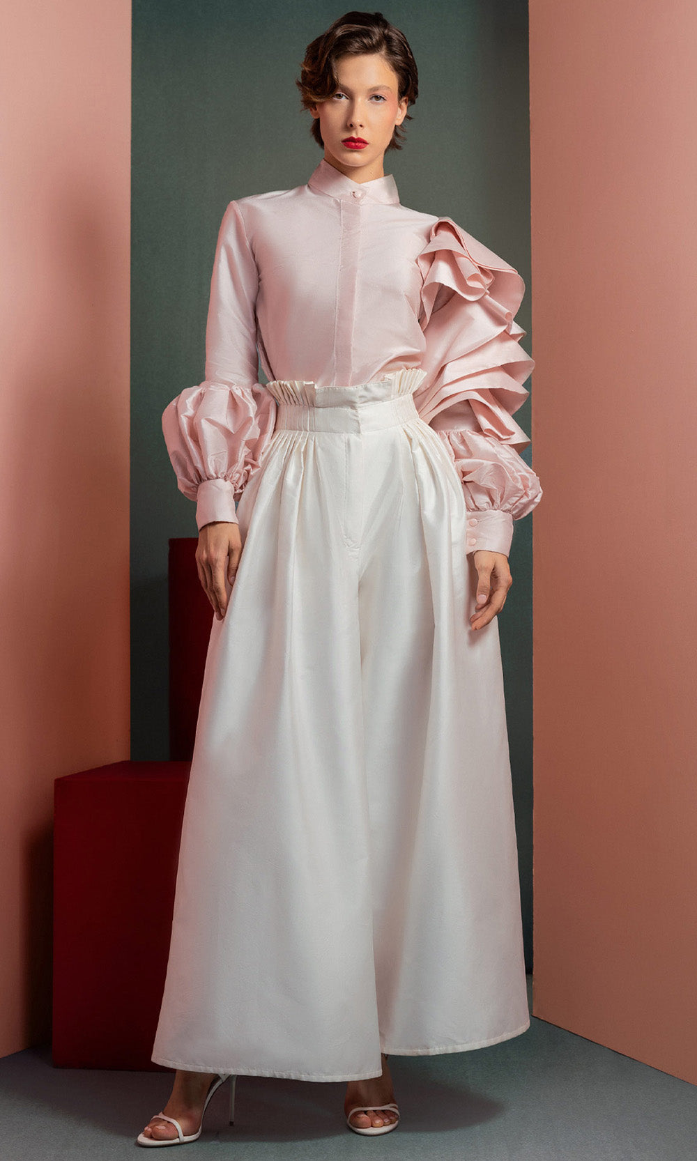 MNM COUTURE GOF2529 - High Neck Statement Pantsuit Formal Gowns Pink and White