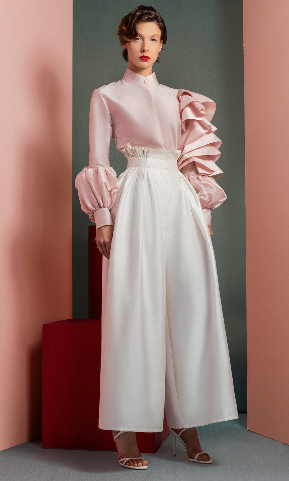 MNM COUTURE GOF2529 - High Neck Statement Pantsuit Formal Gowns Pink and White