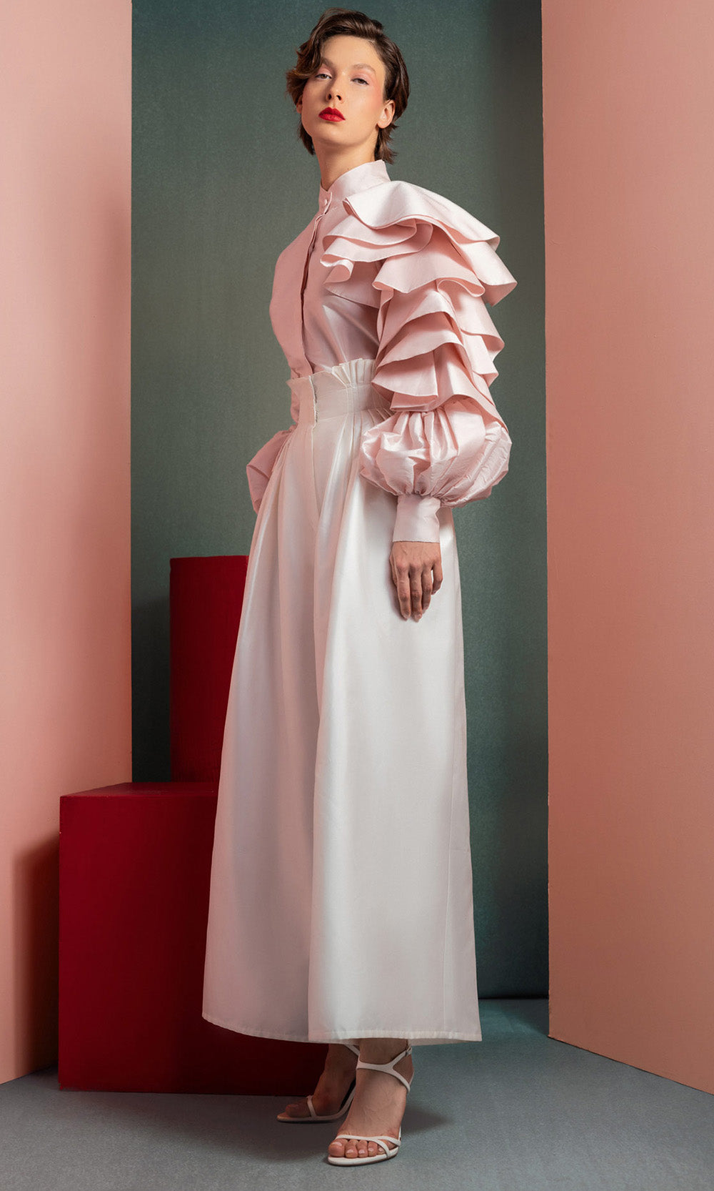 MNM COUTURE GOF2529 - High Neck Statement Pantsuit Formal Gowns Pink and White