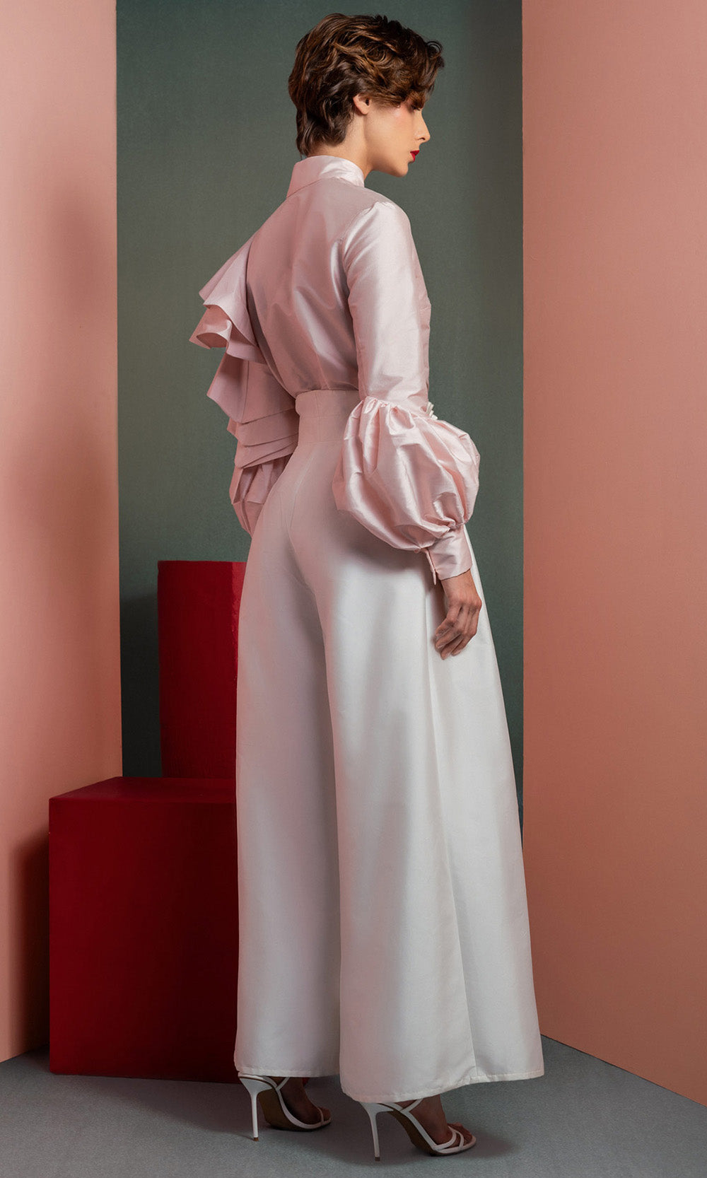 MNM COUTURE GOF2529 - High Neck Statement Pantsuit Formal Gowns Pink and White