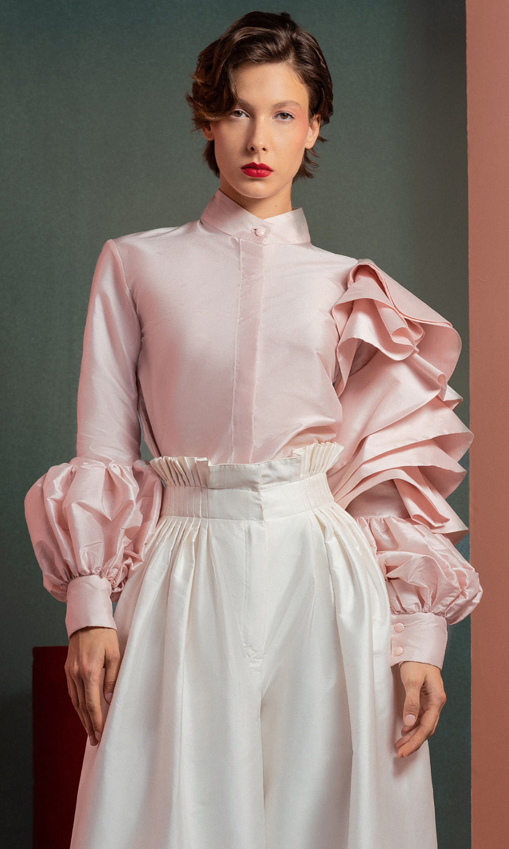MNM COUTURE GOF2529 - High Neck Statement Pantsuit Formal Gowns Pink and White