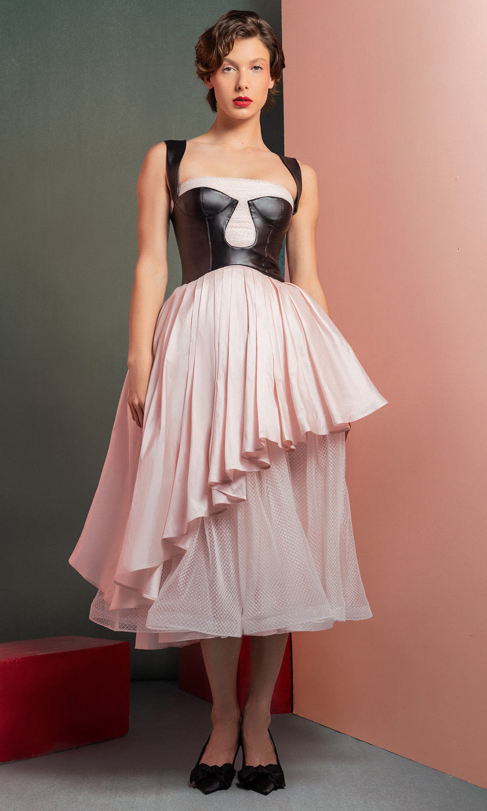 MNM COUTURE GOF2530 - Leather Top Layered A-Line Midi Dress Prom Dresses in Black White