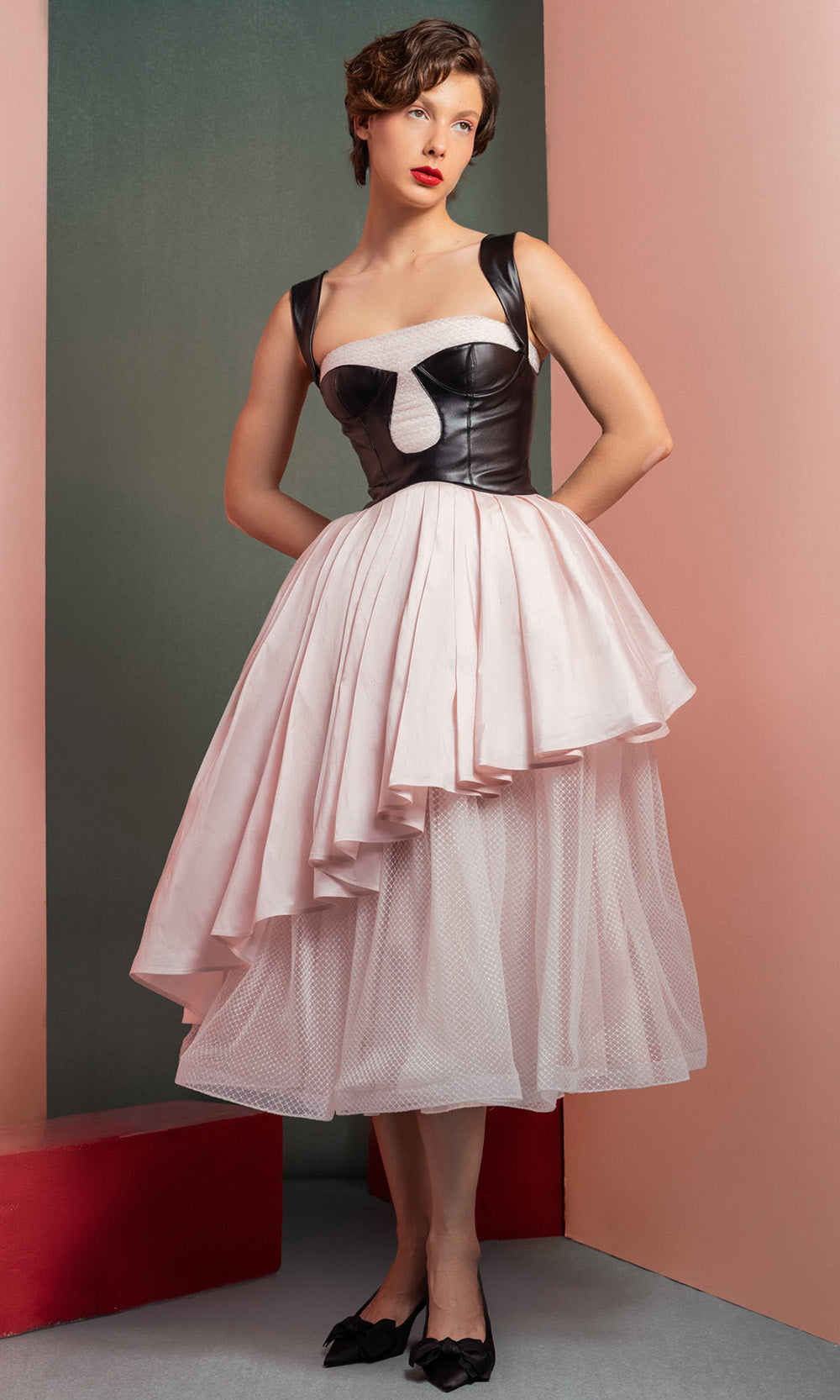 MNM COUTURE GOF2530 - Leather Top Layered A-Line Midi Dress Prom Dresses in Black White