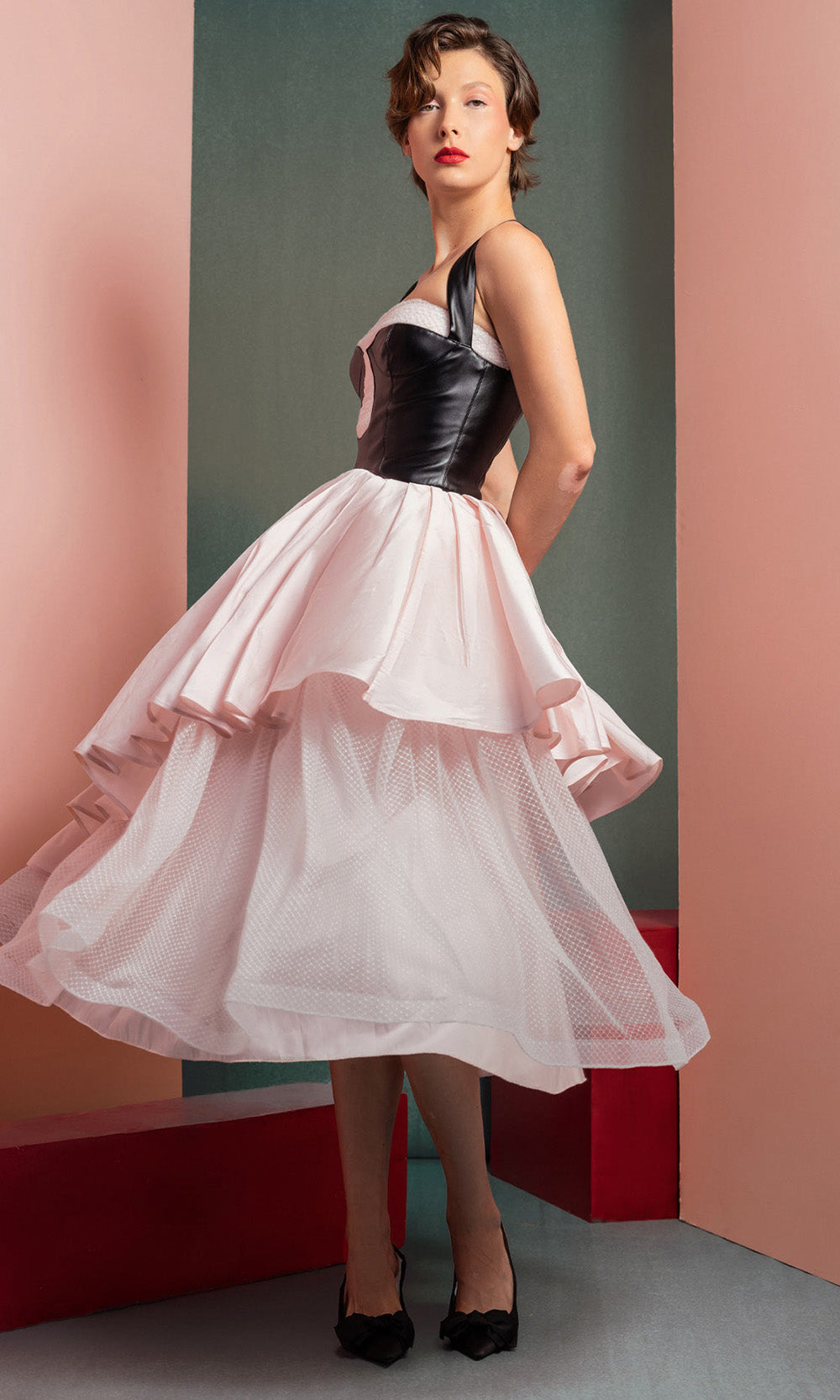 MNM COUTURE GOF2530 - Leather Top Layered A-Line Midi Dress Prom Dresses in Black White