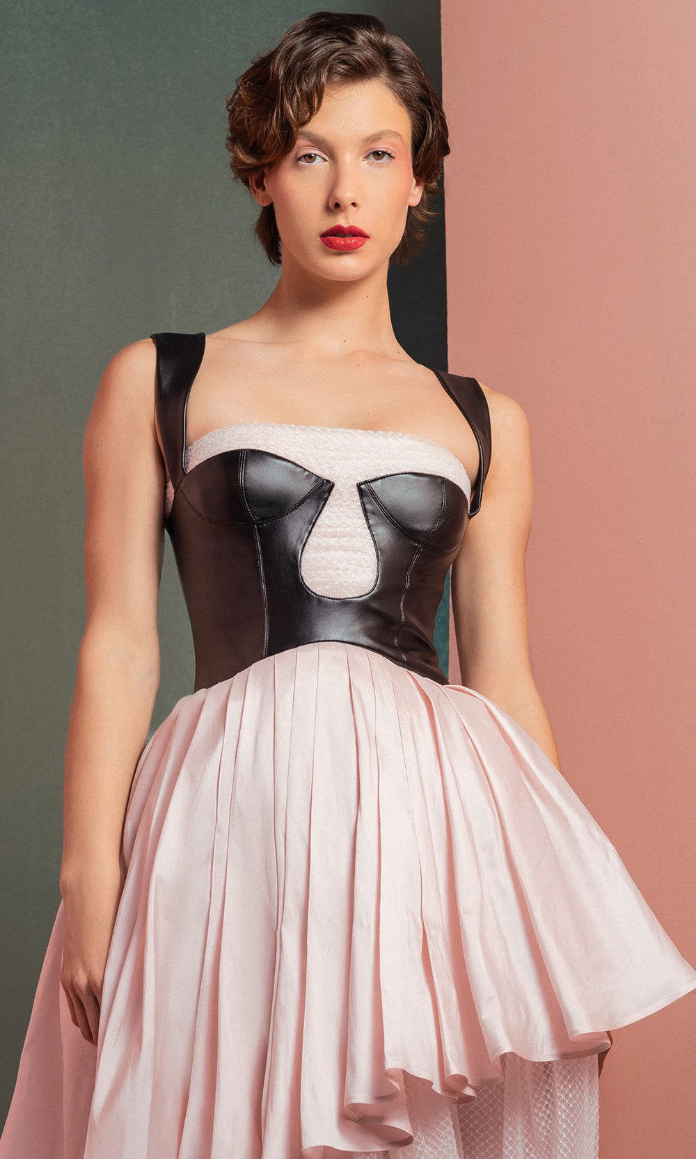 MNM COUTURE GOF2530 - Leather Top Layered A-Line Midi Dress Prom Dresses in Black White