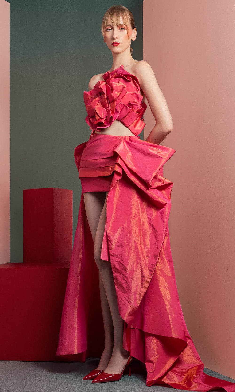 MNM COUTURE GOF2531 - Embellished Strapless Draped Skirt Dress Prom Dresses in Coral