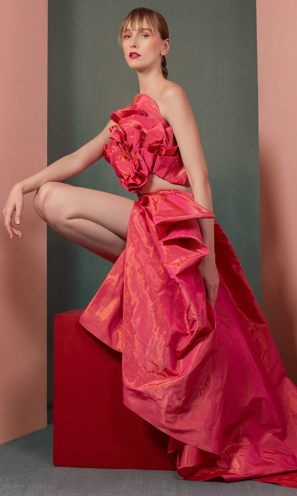 MNM COUTURE GOF2531 - Embellished Strapless Draped Skirt Dress Prom Dresses in Coral
