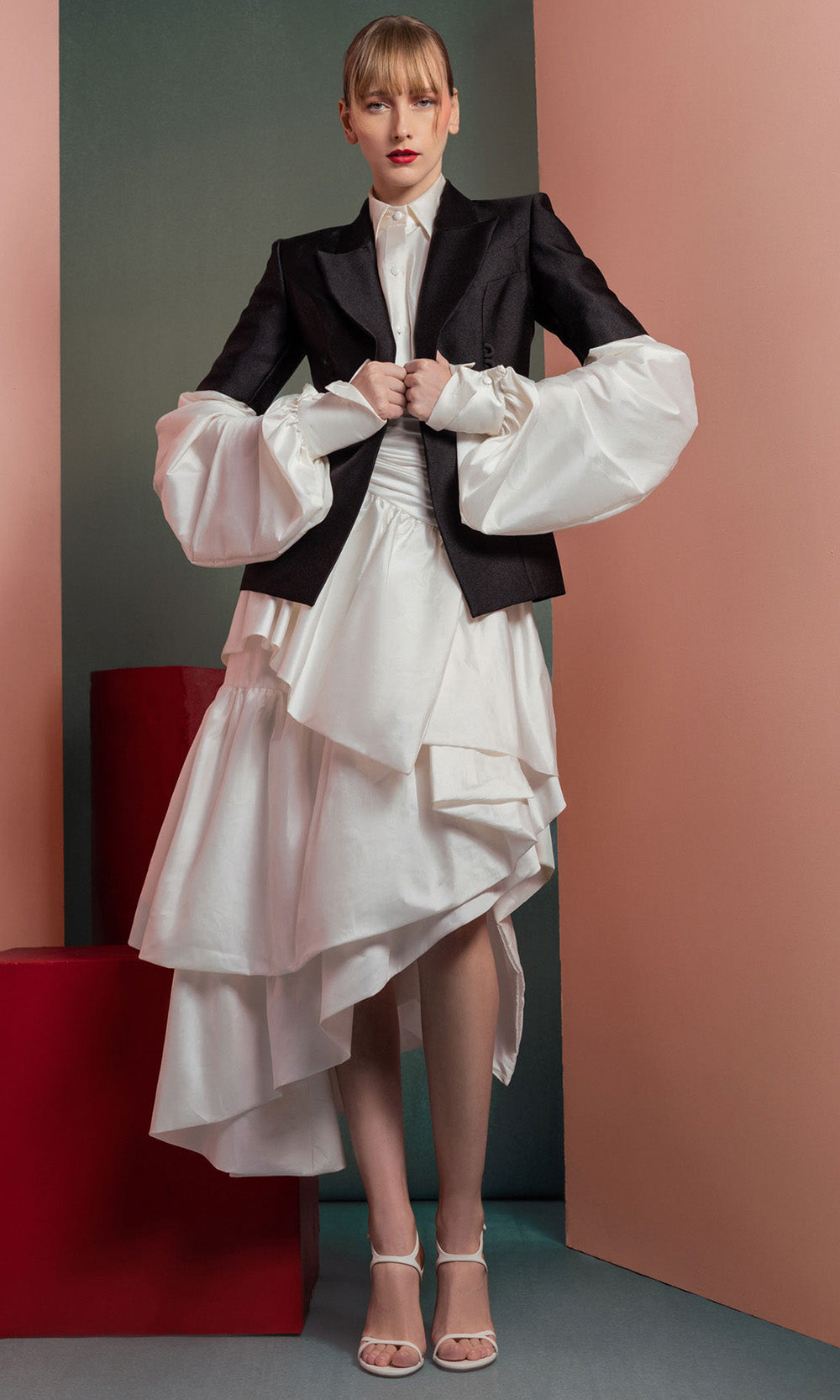 MNM COUTURE GOF2532 - Structured Blazer Style A-Line Dress Prom Dresses in Black White