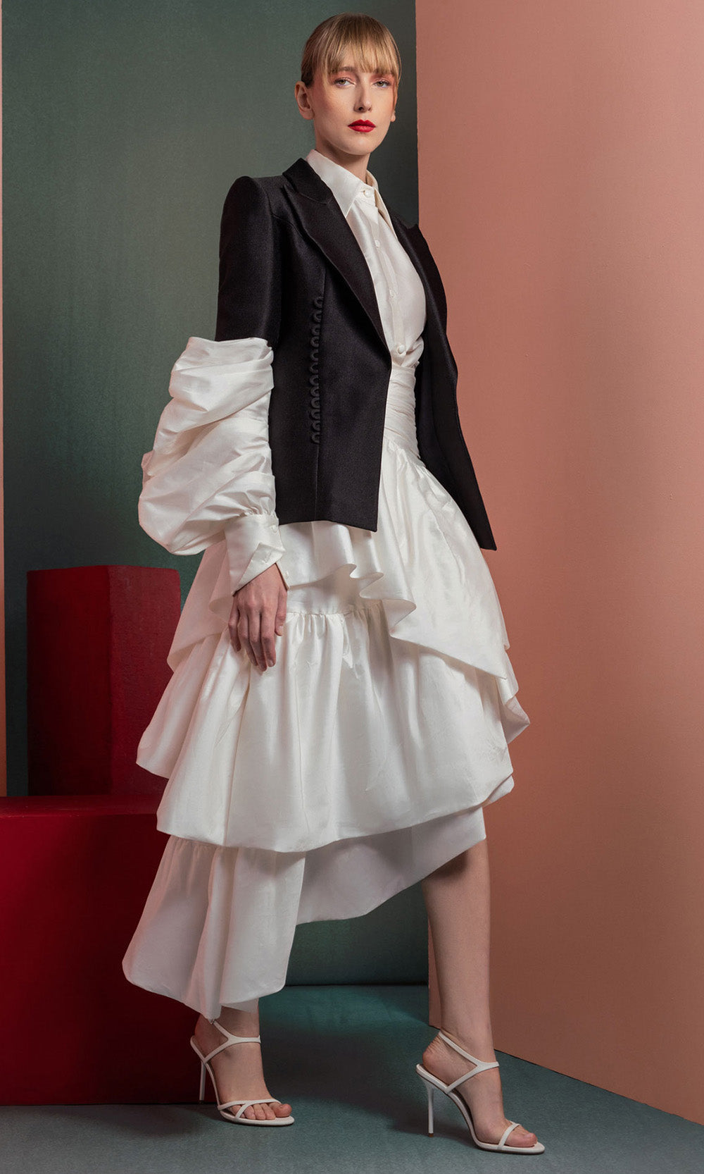 MNM COUTURE GOF2532 - Structured Blazer Style A-Line Dress Prom Dresses in Black White