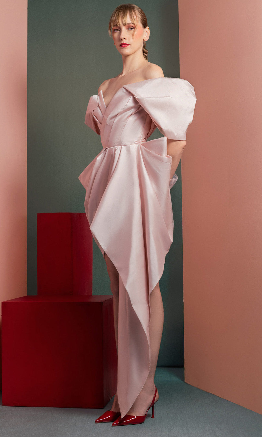 MNM COUTURE GOF2534 - Surplice V-Neck Draped Taffeta Dress Prom Dresses in Pink