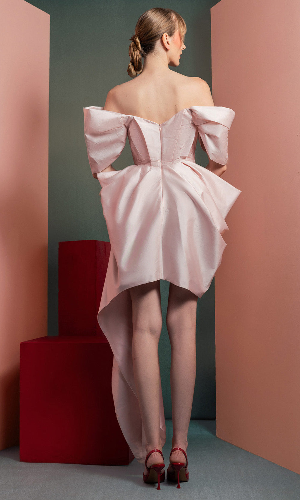 MNM COUTURE GOF2534 - Surplice V-Neck Draped Taffeta Dress Prom Dresses in Pink