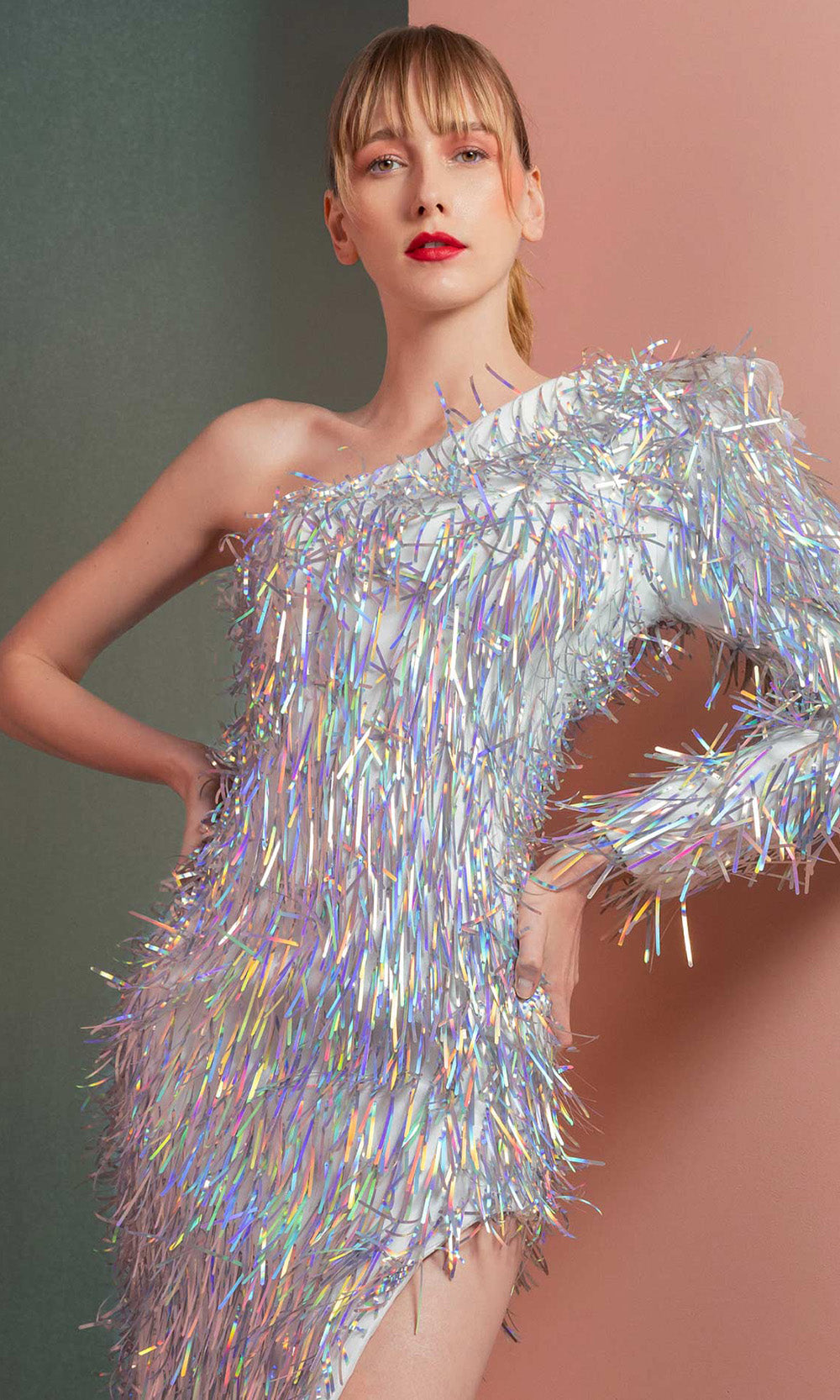 MNM COUTURE GOF2536 - Asymmetric Iridescent Fringe Midi Dress Prom Dresses Silver