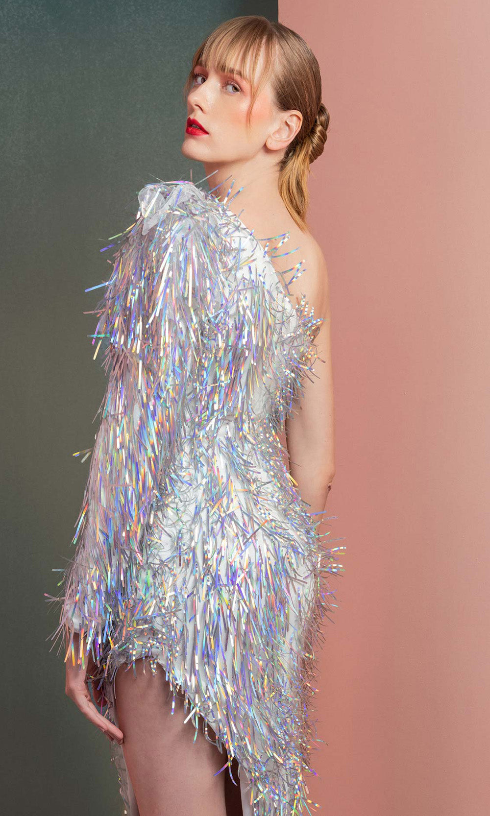 MNM COUTURE GOF2536 - Asymmetric Iridescent Fringe Midi Dress Prom Dresses Silver