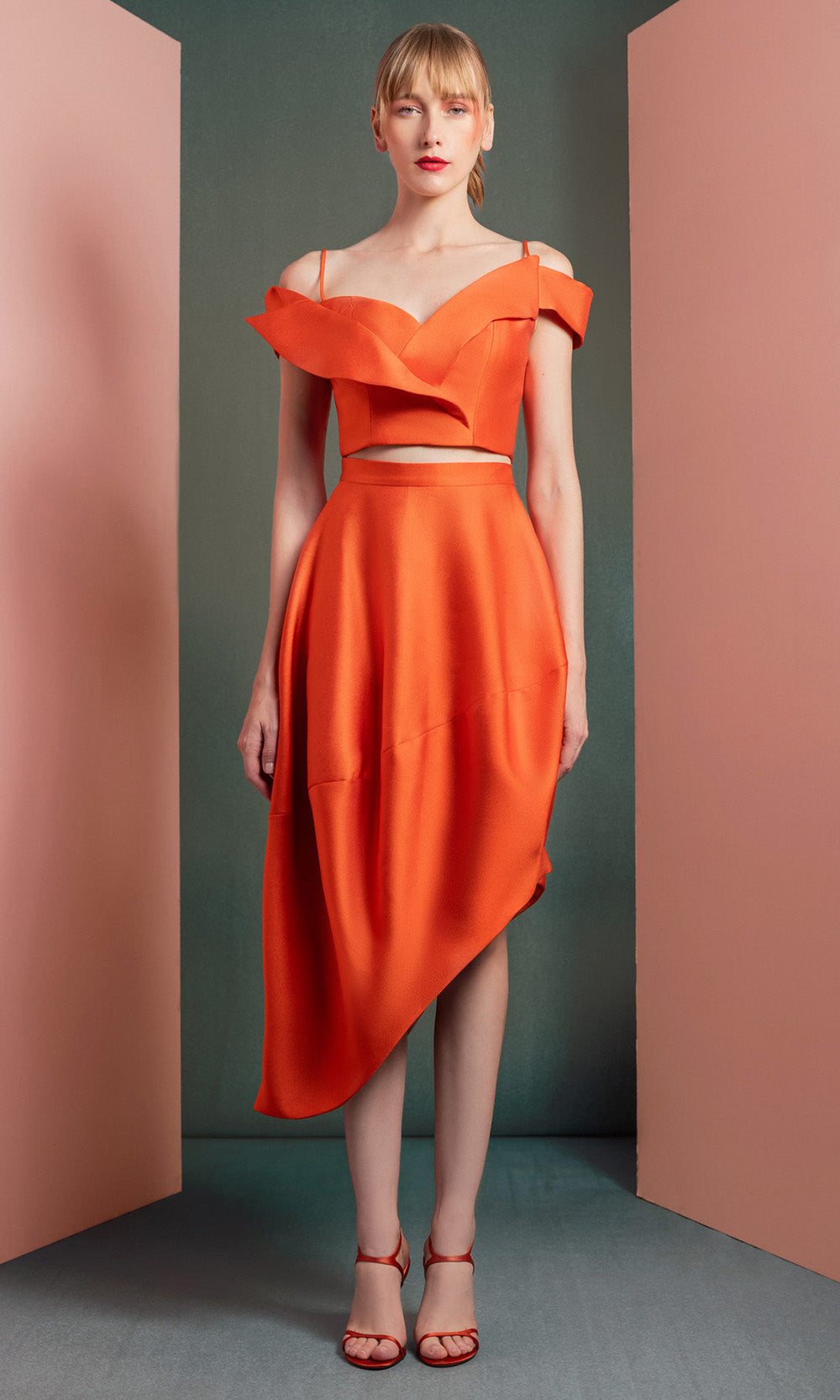MNM COUTURE GOF2537 - Folded Neckline Two Piece Taffeta Dress Prom Dresses in Orange