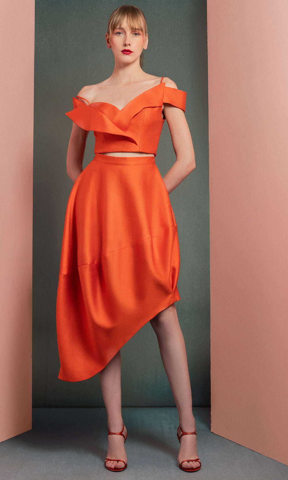 MNM COUTURE GOF2537 - Folded Neckline Two Piece Taffeta Dress Prom Dresses in Orange