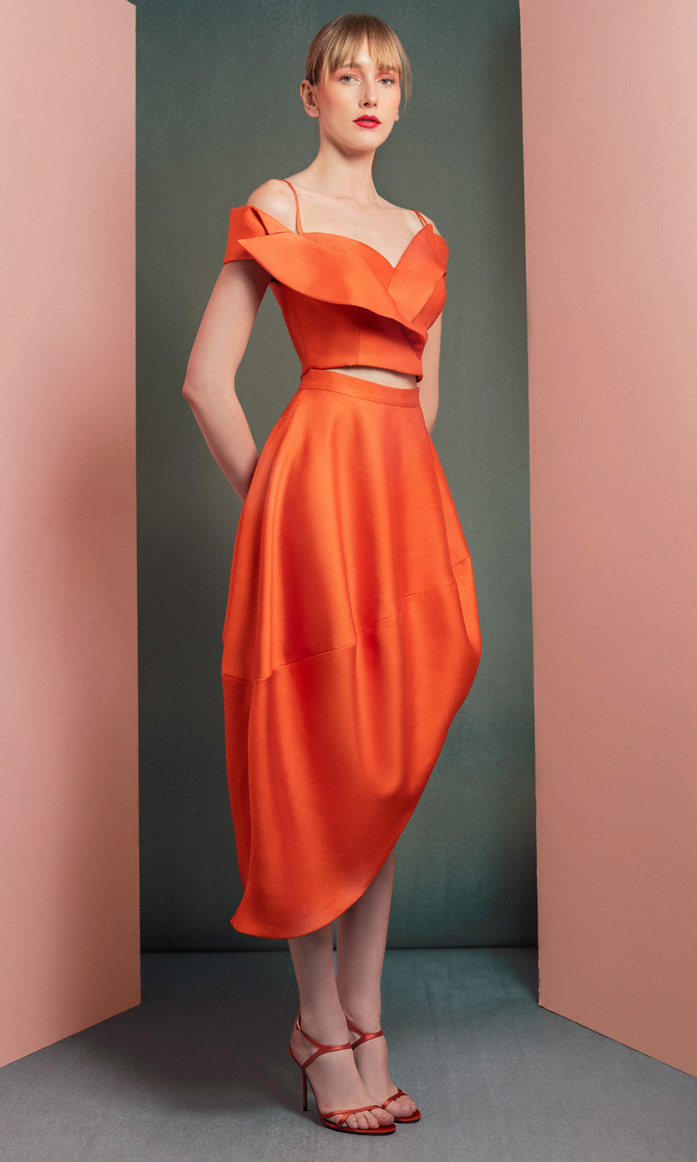 MNM COUTURE GOF2537 - Folded Neckline Two Piece Taffeta Dress Prom Dresses in Orange