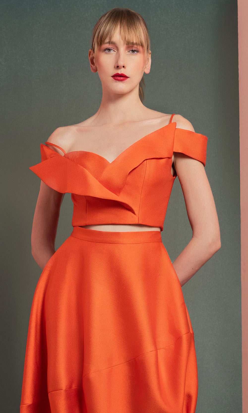 MNM COUTURE GOF2537 - Folded Neckline Two Piece Taffeta Dress Prom Dresses in Orange