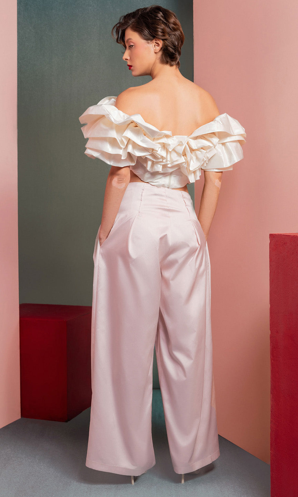 MNM COUTURE GOF2538 - Ruffled Crop Top High-Waisted Pantsuit Prom Dresses Pink in ans Off White