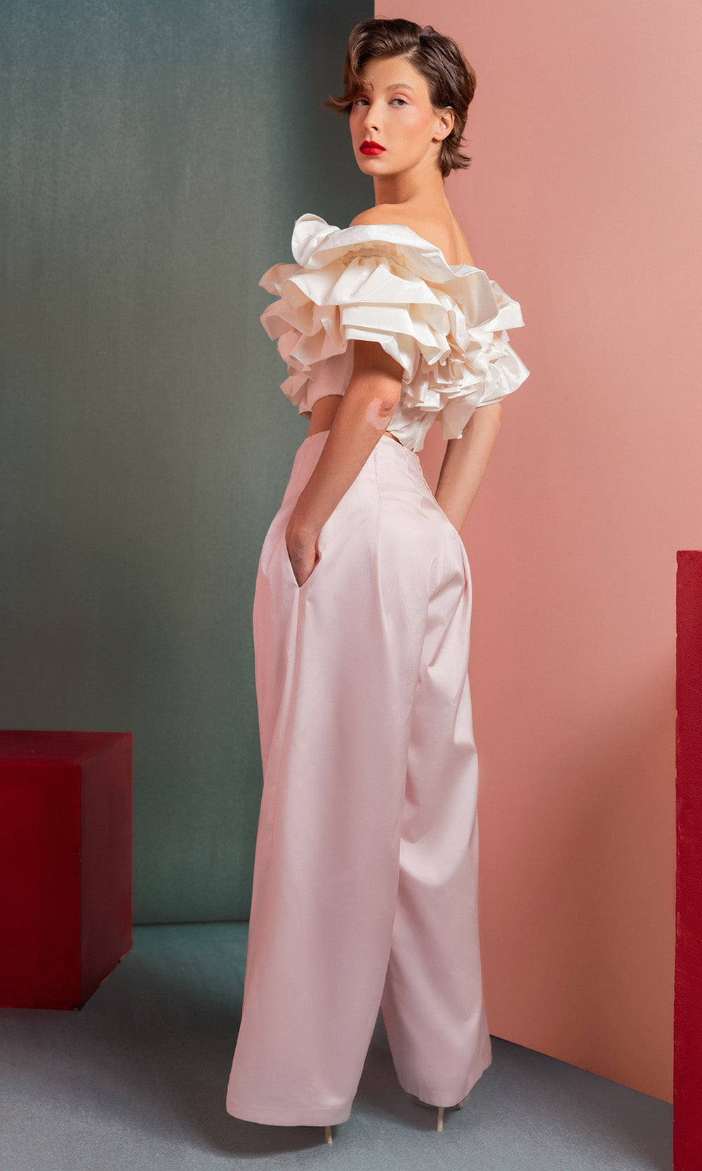 MNM COUTURE GOF2538 - Ruffled Crop Top High-Waisted Pantsuit Prom Dresses Pink in ans Off White