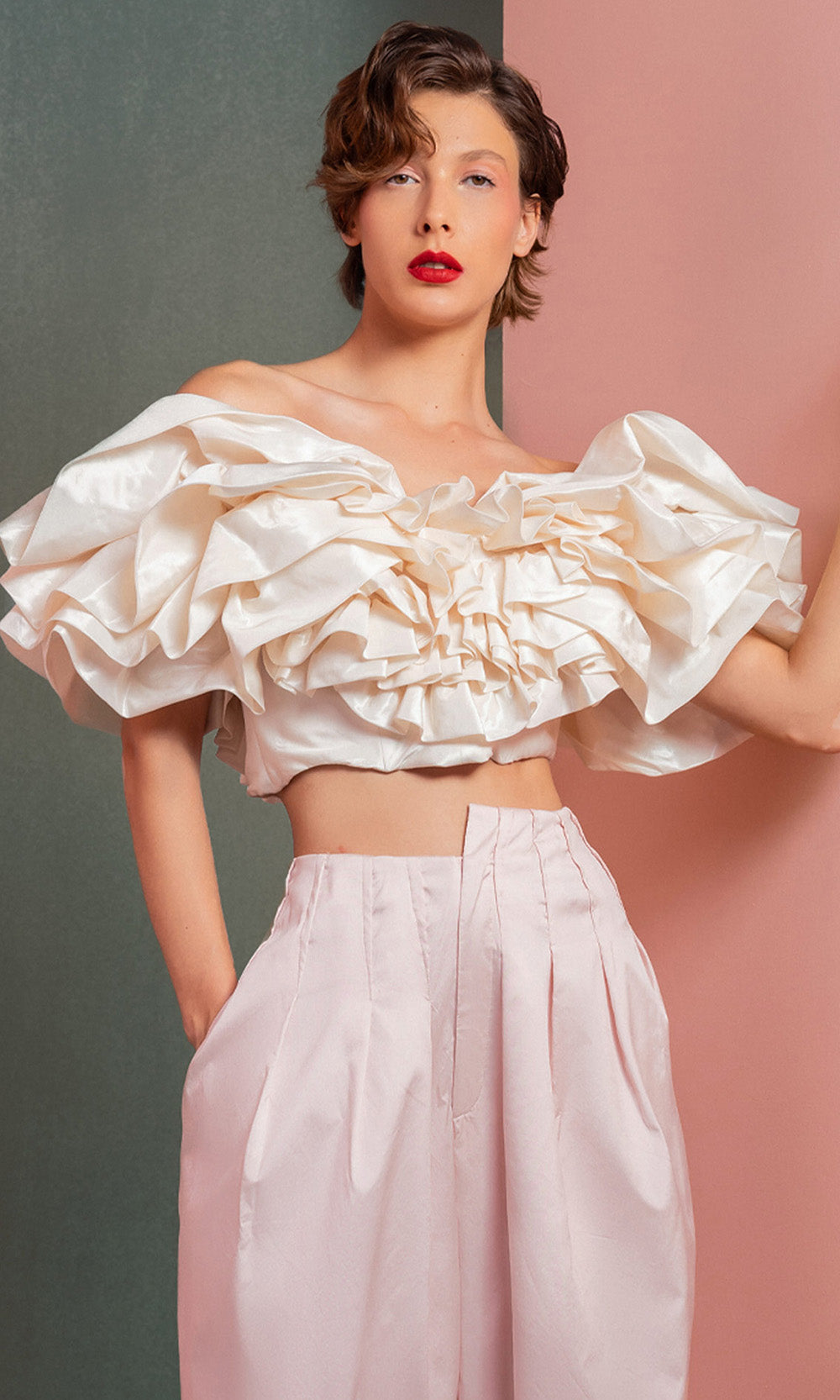 MNM COUTURE GOF2538 - Ruffled Crop Top High-Waisted Pantsuit Prom Dresses Pink in ans Off White
