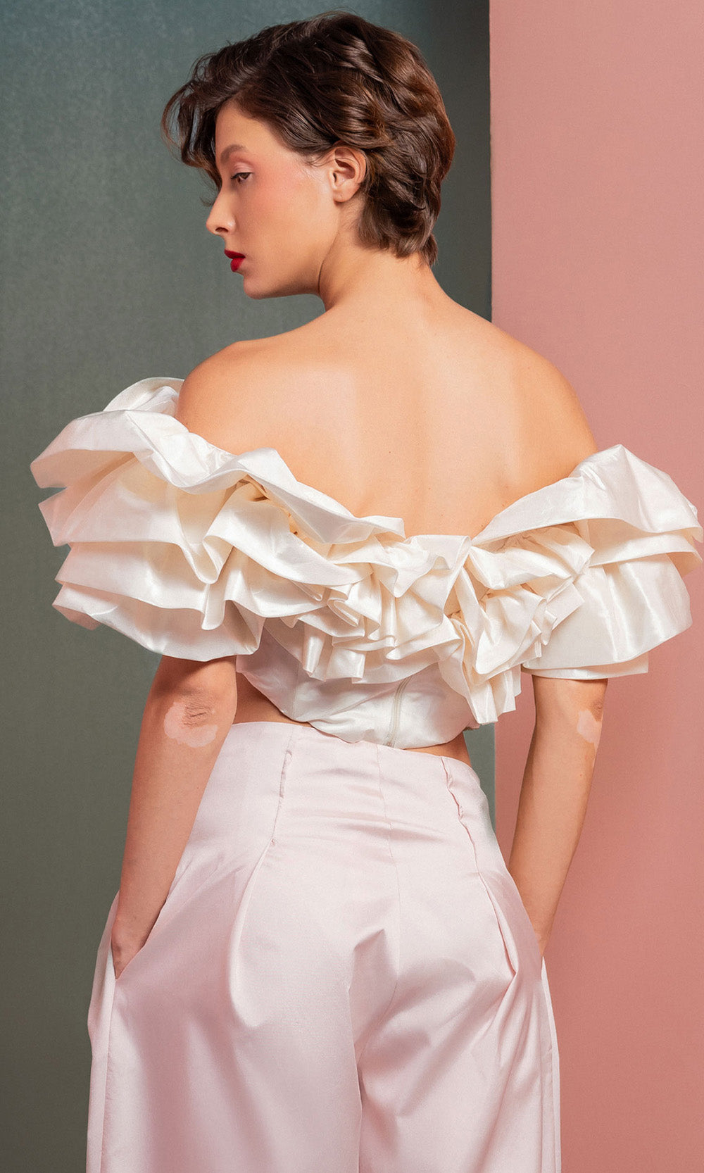 MNM COUTURE GOF2538 - Ruffled Crop Top High-Waisted Pantsuit Prom Dresses Pink in ans Off White