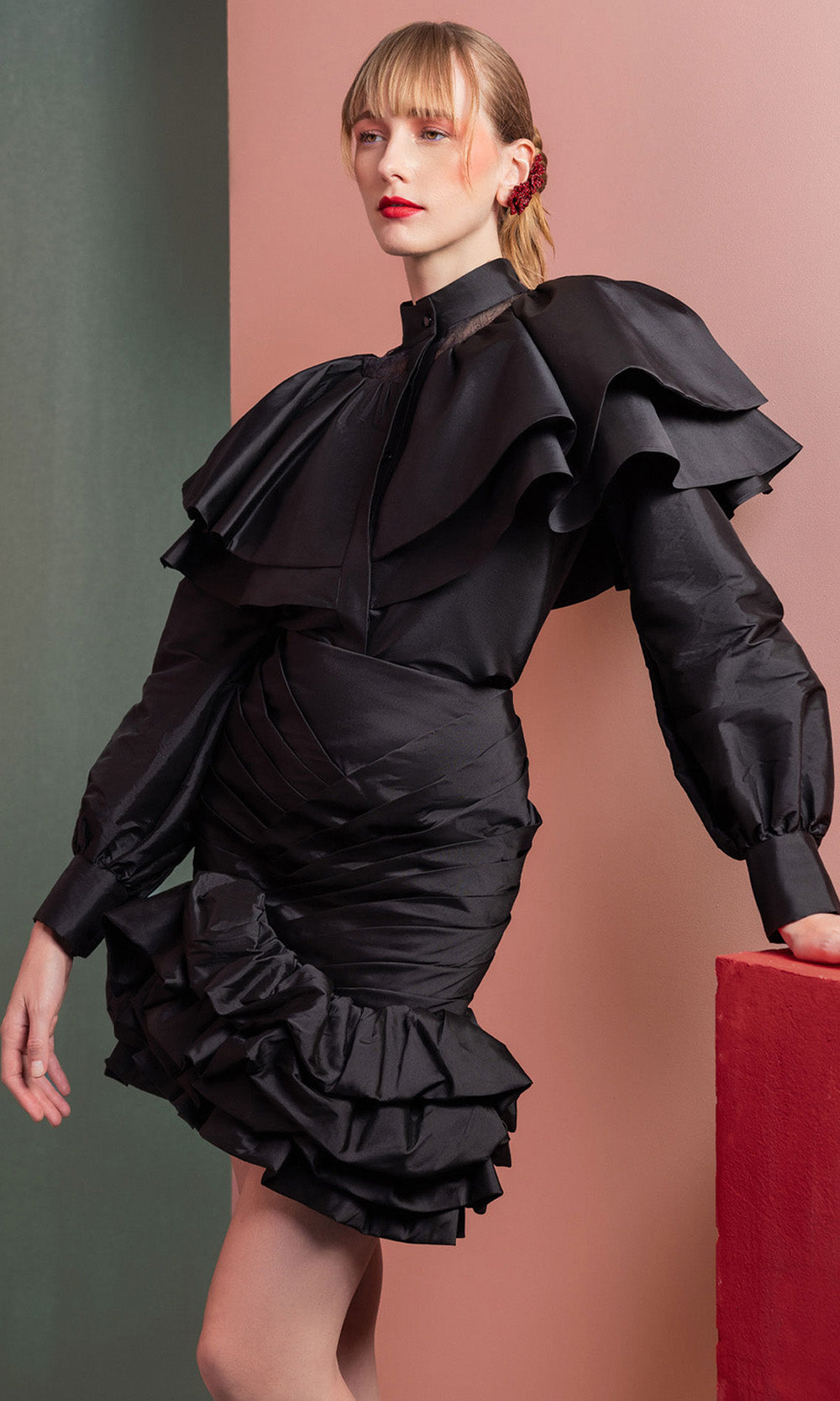 MNM COUTURE GOF2539 - High Neck Ruffled Taffeta Short Dress Cocktail Dresses in Black