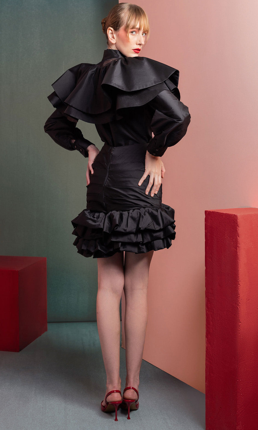 MNM COUTURE GOF2539 - High Neck Ruffled Taffeta Short Dress Cocktail Dresses in Black